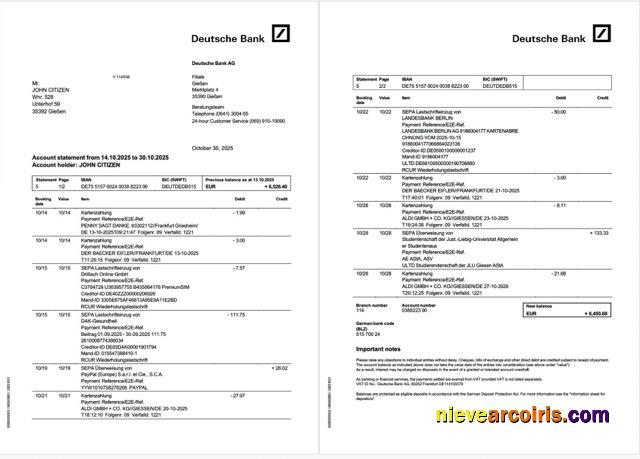 Germany Deutsche Bank account statement Word and PDF, 2 pages
